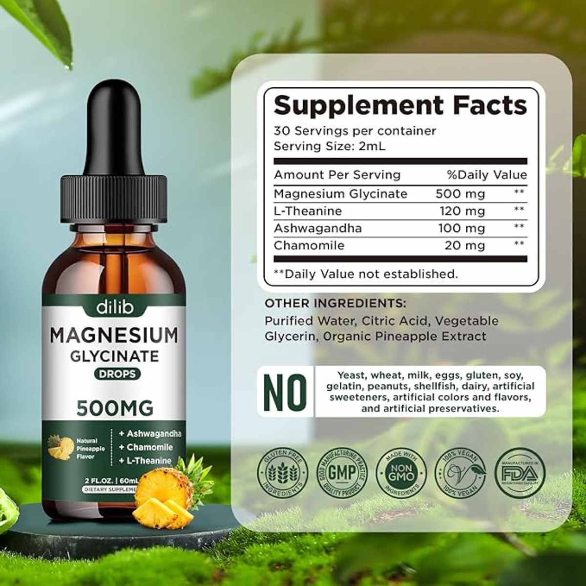 Etiqueta Supplement Facts de dilib glicinato de magnesio líquido sabor piña