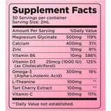 Tabla nutricional del suplemento alimenticio dilib magnesio glicinato en gotas 500 mg sabor cereza, con ingredientes y cantidades por porción