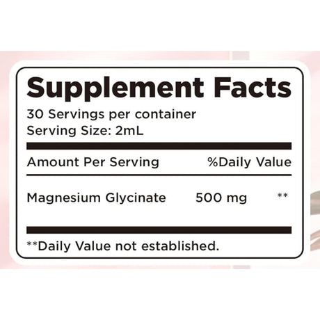 Tabla nutricional del suplemento alimenticio dilib magnesio glicinato en gotas 500 mg sabor fresa, con ingredientes y cantidades por porción