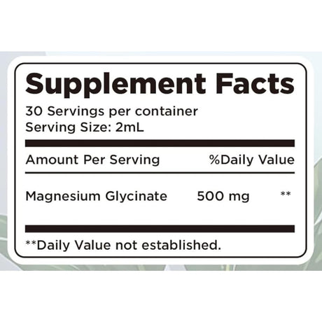 Tabla nutricional del suplemento alimenticio dilib magnesio glicinato en gotas 500 mg sabor piña, con ingredientes y cantidades por porción
