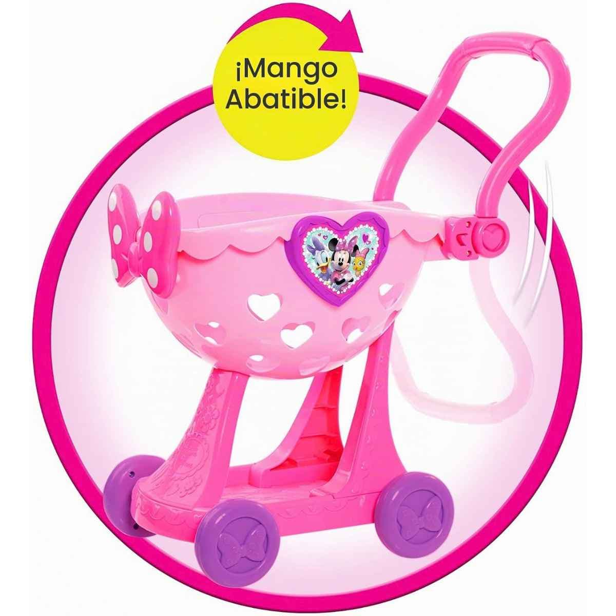 Carrito de compras de juguete Disney Junior Minnie Mouse Bowtique mostrando el asa abatible.