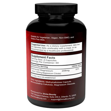 Tabla nutricional del suplemento Divine Bounty Citrato de Magnesio 120 cápsulas vegetarianas