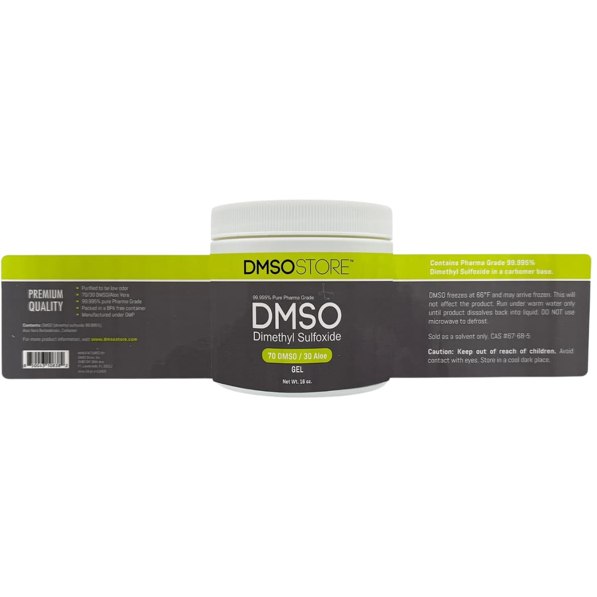 Etiqueta desplegada del gel DMSOSTORE con aloe vera de 16 oz