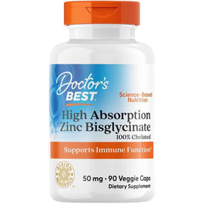 Frasco de suplemento Doctor's Best Bisglicinato de Zinc de Alta Absorción 90 cápsulas