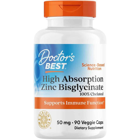 Frasco de suplemento Doctor's Best Bisglicinato de Zinc de Alta Absorción 90 cápsulas