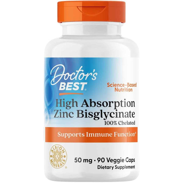 Frasco de suplemento Doctor's Best Bisglicinato de Zinc de Alta Absorción 90 cápsulas