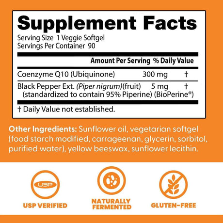 Tabla nutricional del suplemento Doctor's Best Coenzima Q10 con BioPerine 300 mg 90 cápsulas blandas