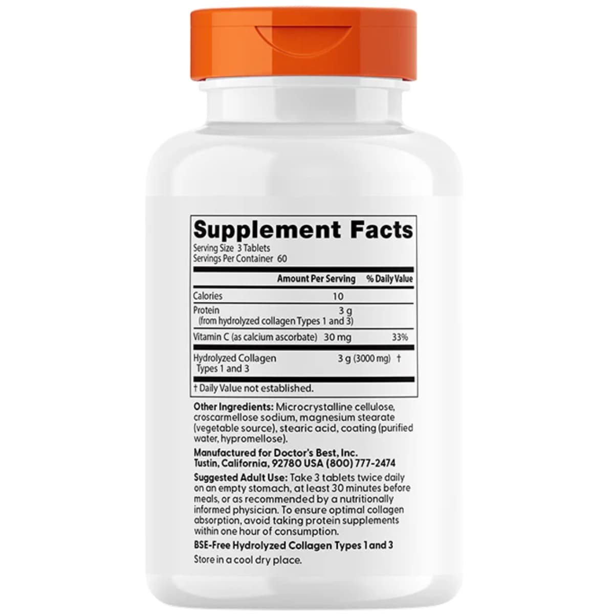 Tabla nutricional del suplemento Doctor's Best Colágeno Tipos 1 y 3 con Vitamina C 180 tabletas