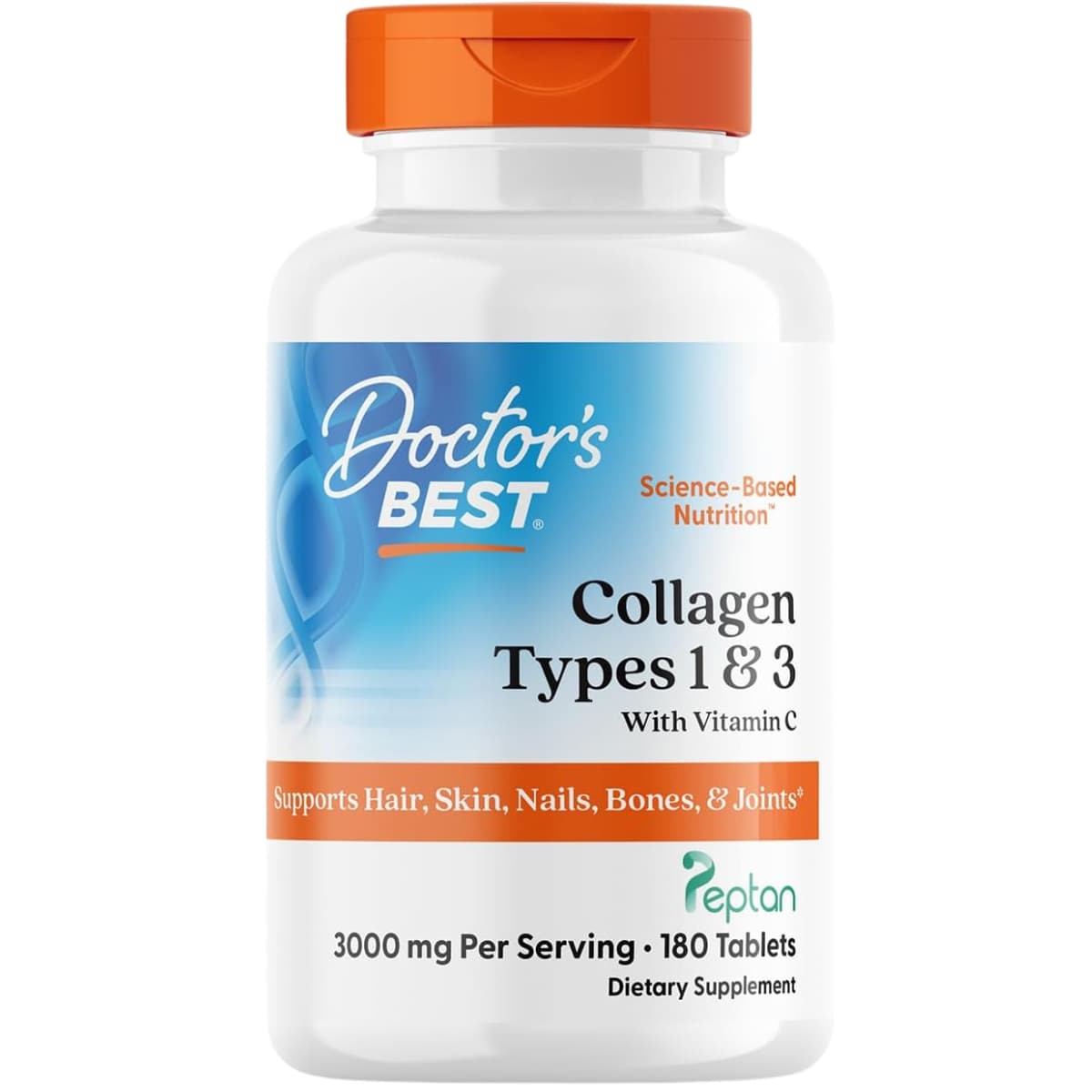 Frasco de suplemento Doctor's Best Colágeno Tipos 1 y 3 con Vitamina C 180 tabletas