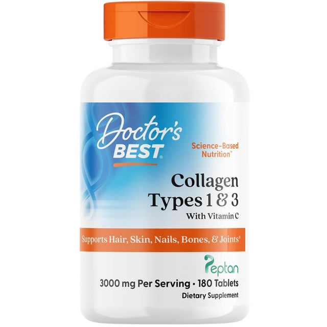Frasco de suplemento Doctor's Best Colágeno Tipos 1 y 3 con Vitamina C 180 tabletas
