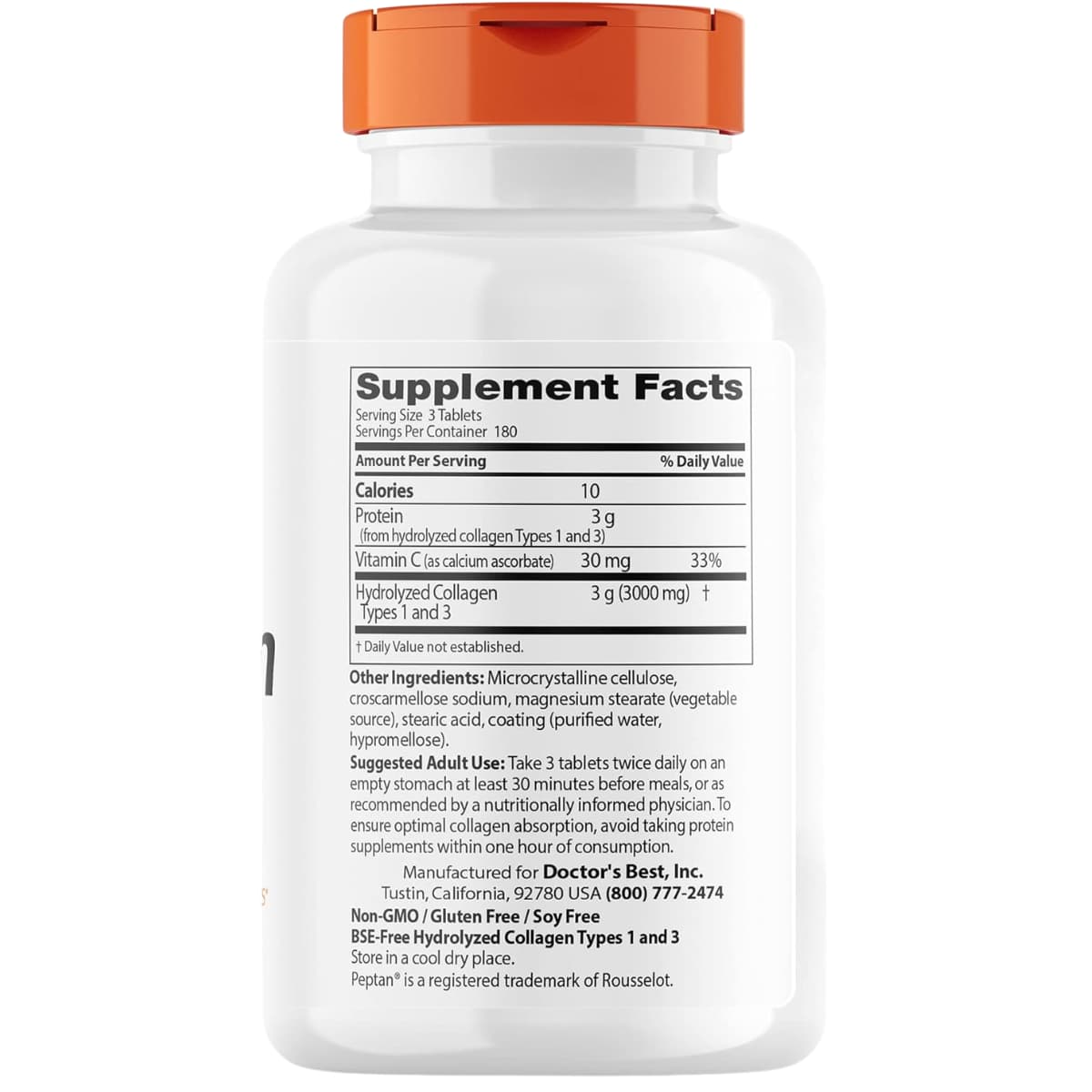 Tabla nutricional del suplemento Doctor's Best Colágeno Tipos 1 y 3 con Vitamina C 540 tabletas