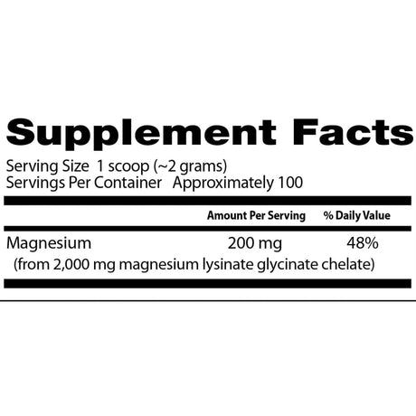 Etiqueta de información suplementaria de glicinato de magnesio quelado en polvo Doctor’s Best de 200 g