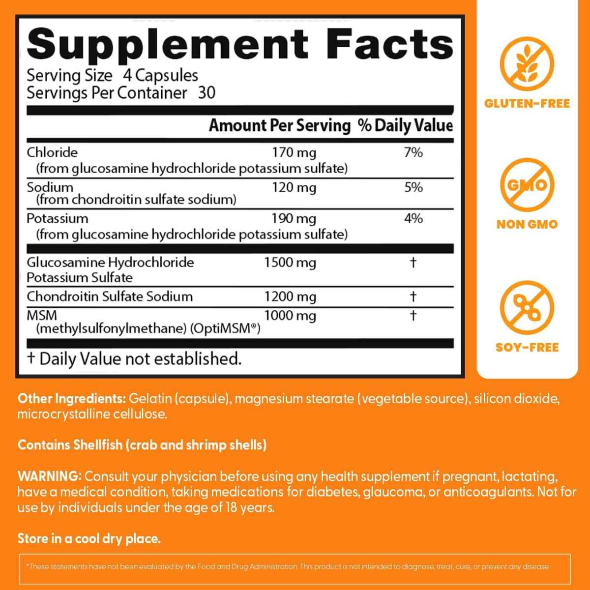 Etiqueta de Doctor’s Best Glucosamina con Condroitina y MSM de 120 cápsulas con tabla del suplemento