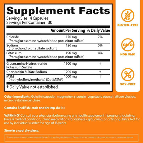 Etiqueta de Doctor’s Best Glucosamina con Condroitina y MSM de 120 cápsulas con tabla del suplemento