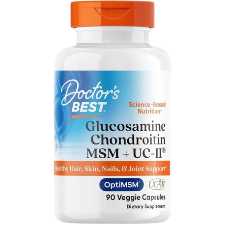 Frasco frontal de Doctor's Best con glucosamina, condroitina, MSM y UC-II, presentación de 90 cápsulas