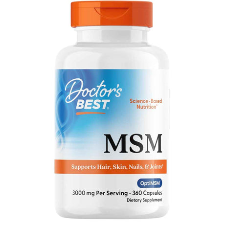 Frasco de suplemento Doctor's Best MSM 3000 mg 360 cápsulas en presentación de mayor contenido