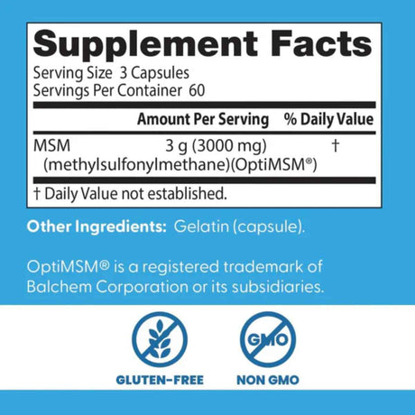 Tabla nutricional del suplemento Doctor's Best MSM 3000 mg 180 cápsulas
