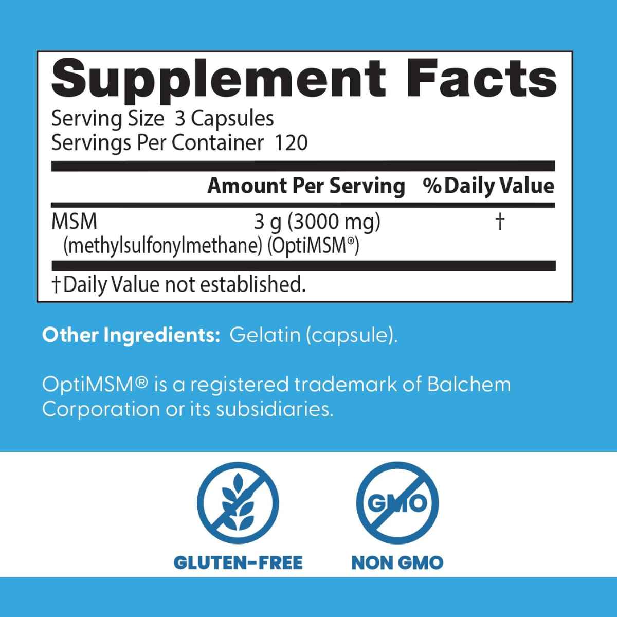 Tabla nutricional detallada del suplemento Doctor's Best MSM 3000 mg 360 cápsulas