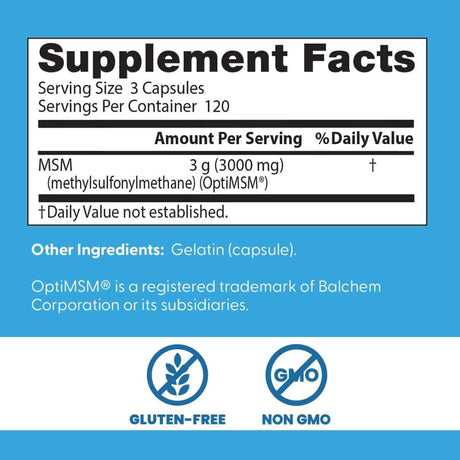 Tabla nutricional detallada del suplemento Doctor's Best MSM 3000 mg 360 cápsulas