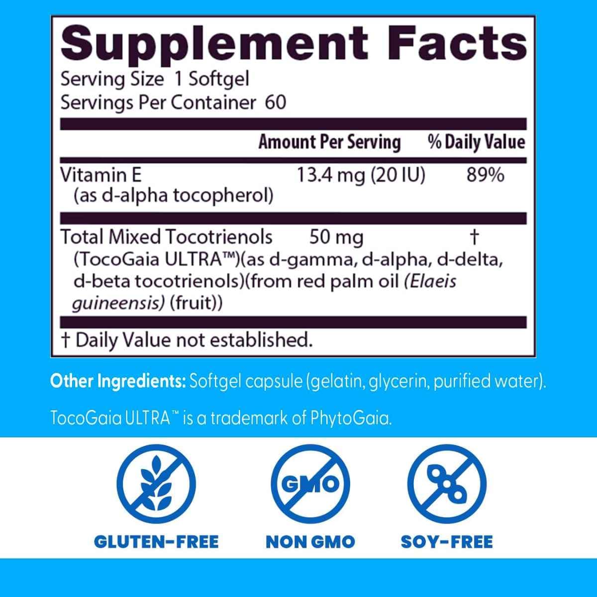 Tabla nutricional del suplemento Doctor's Best Vitamina E Tocotrienoles 60 cápsulas blandas