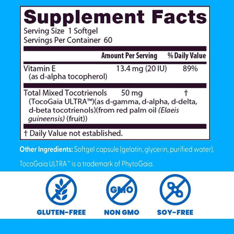 Tabla nutricional del suplemento Doctor's Best Vitamina E Tocotrienoles 60 cápsulas blandas