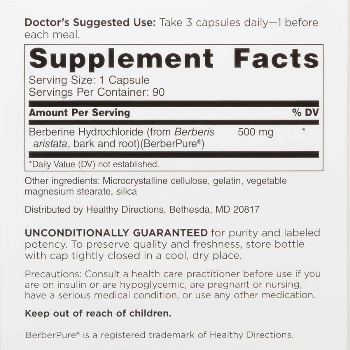 Tabla nutricional del suplemento Doctors' Preferred Clorhidrato de Berberina 500 mg 90 cápsulas