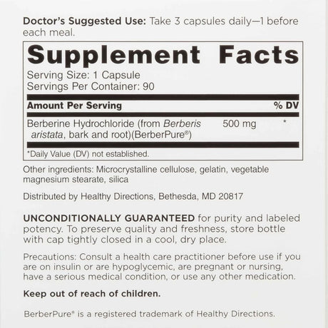 Tabla nutricional del suplemento Doctors' Preferred Clorhidrato de Berberina 500 mg 90 cápsulas