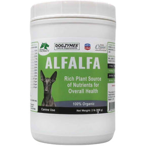 Envase frontal de Dogzymes Alfalfa orgánica en polvo para perros, presentación de 2 lb