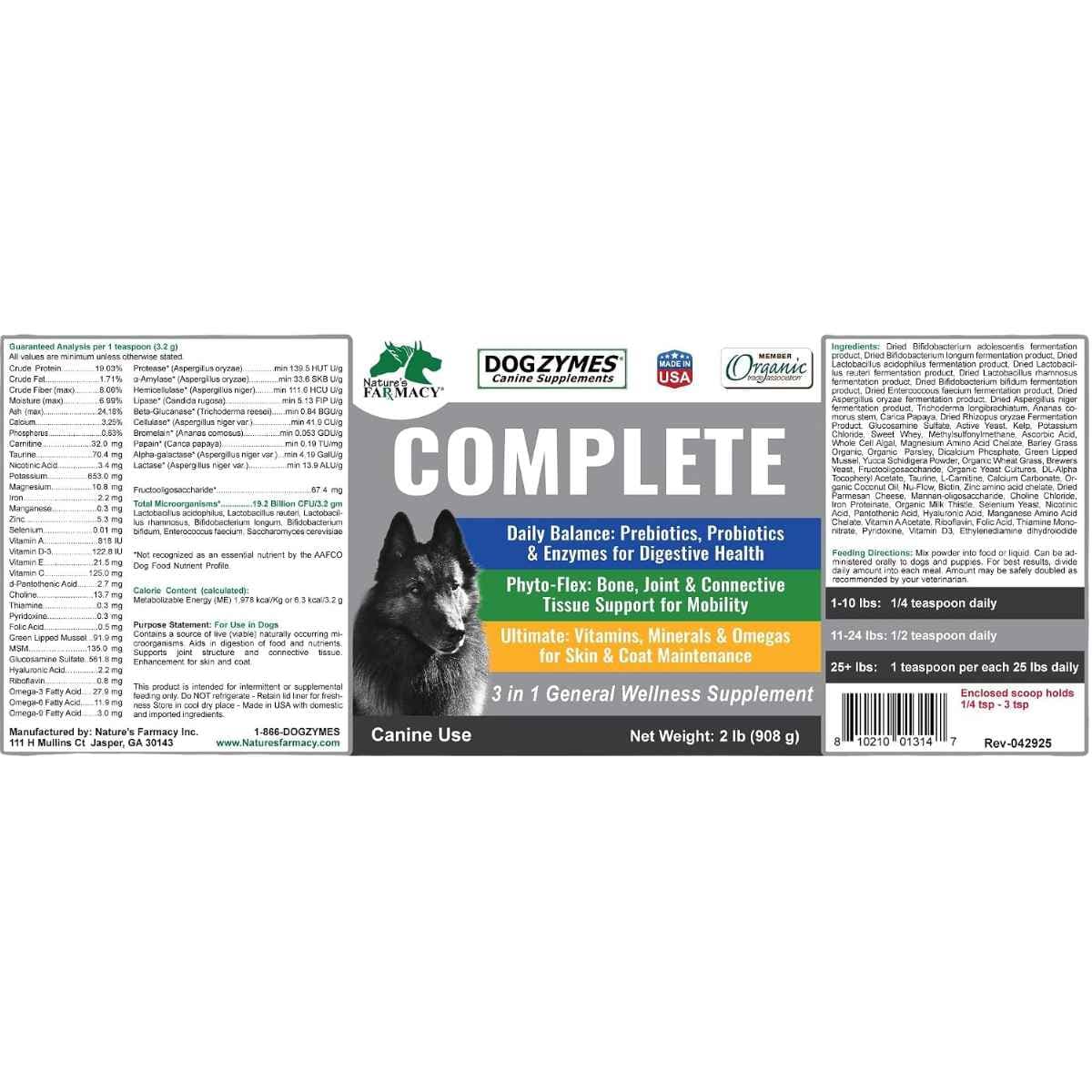 Etiqueta de Dogzymes Complete en polvo para perros con análisis garantizado, ingredientes y modo de uso