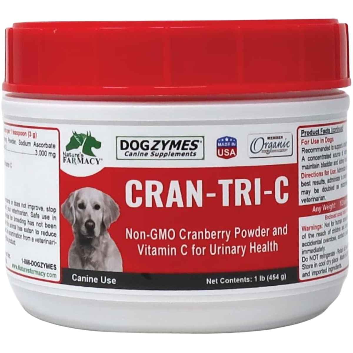 Envase de Dogzymes Cran-Tri-C en polvo, presentación de 1 lb para perros.