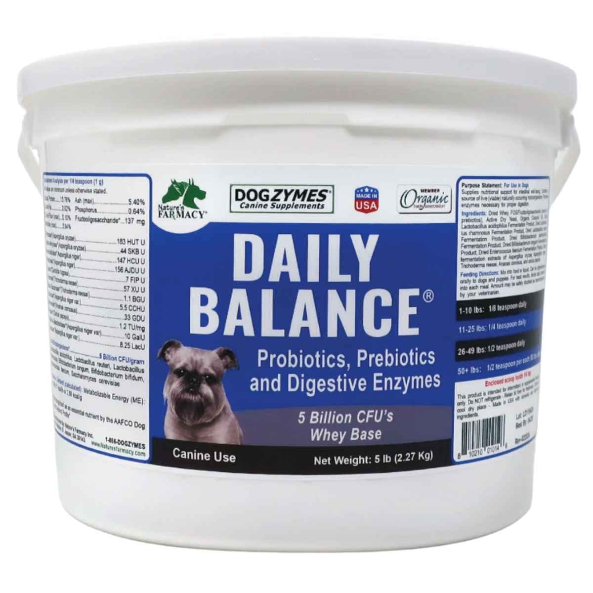 Envase frontal de Dogzymes Daily Balance en polvo para perros, presentación de 5 lb