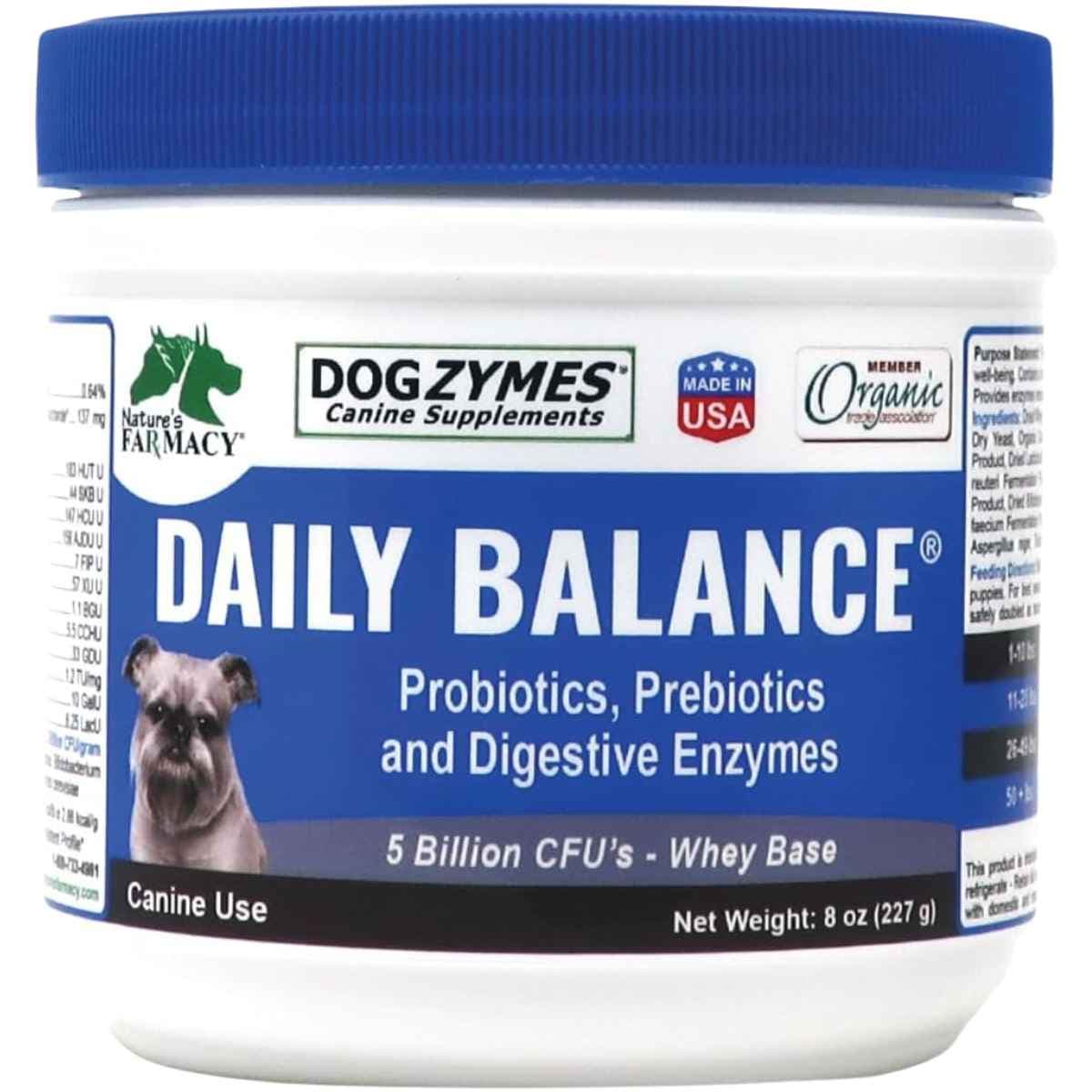 Envase frontal de Dogzymes Daily Balance en polvo para perros, presentación de 8 oz