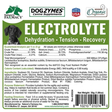 Etiqueta de Dogzymes Canine Electrolyte Paste de 30 cc con análisis garantizado, ingredientes e instrucciones de uso