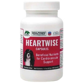 Frasco frontal de Dogzymes Heartwise, presentación de 100 cápsulas para perros.