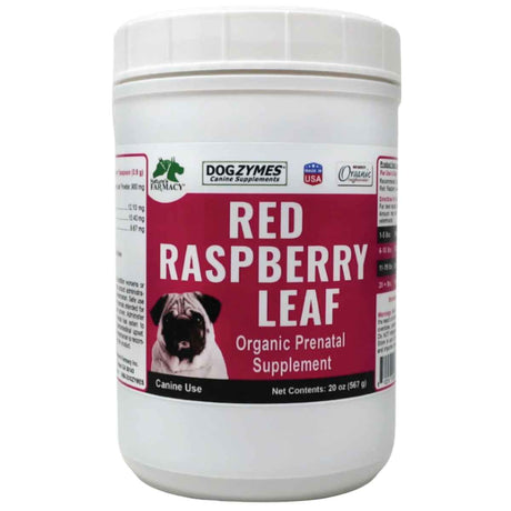 Envase frontal de Dogzymes hoja de frambuesa roja orgánica para perros, presentación de 20 oz