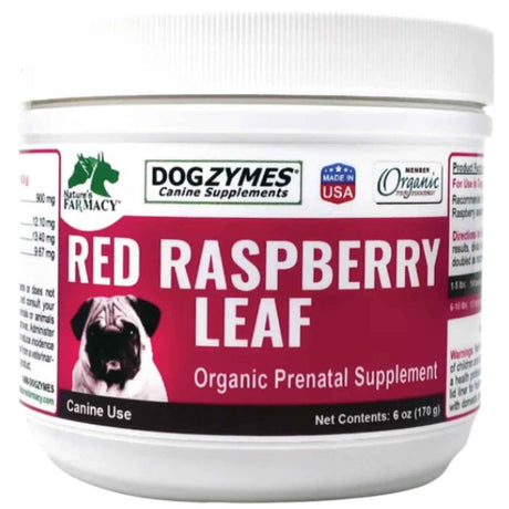 Envase frontal de Dogzymes hoja de frambuesa roja orgánica para perros, presentación de 6 oz