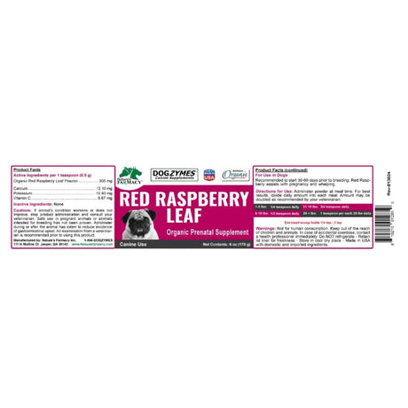 Etiqueta de Dogzymes hoja de frambuesa roja orgánica para perros con ingredientes, modo de uso y advertencias