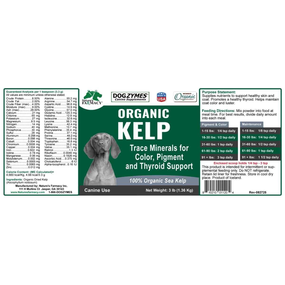 Etiqueta de Dogzymes Kelp orgánico en polvo para perros de 1,36 kg (3 lb) con análisis, ingredientes y modo de uso
