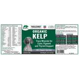 Etiqueta de Dogzymes Kelp orgánico en polvo para perros de 1,36 kg (3 lb) con análisis, ingredientes y modo de uso