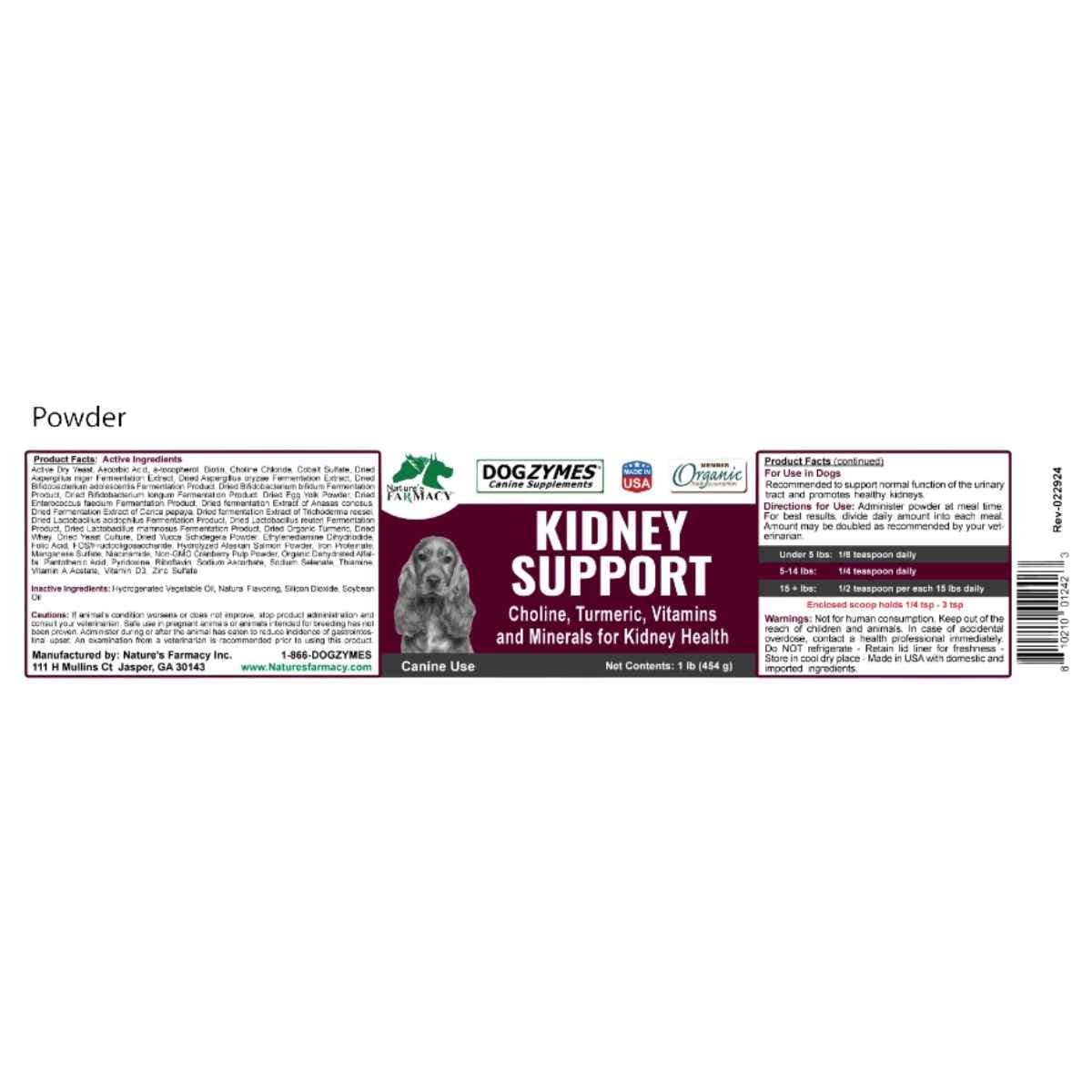 Etiqueta de Dogzymes Kidney Support en polvo para perros con ingredientes, modo de uso y advertencias