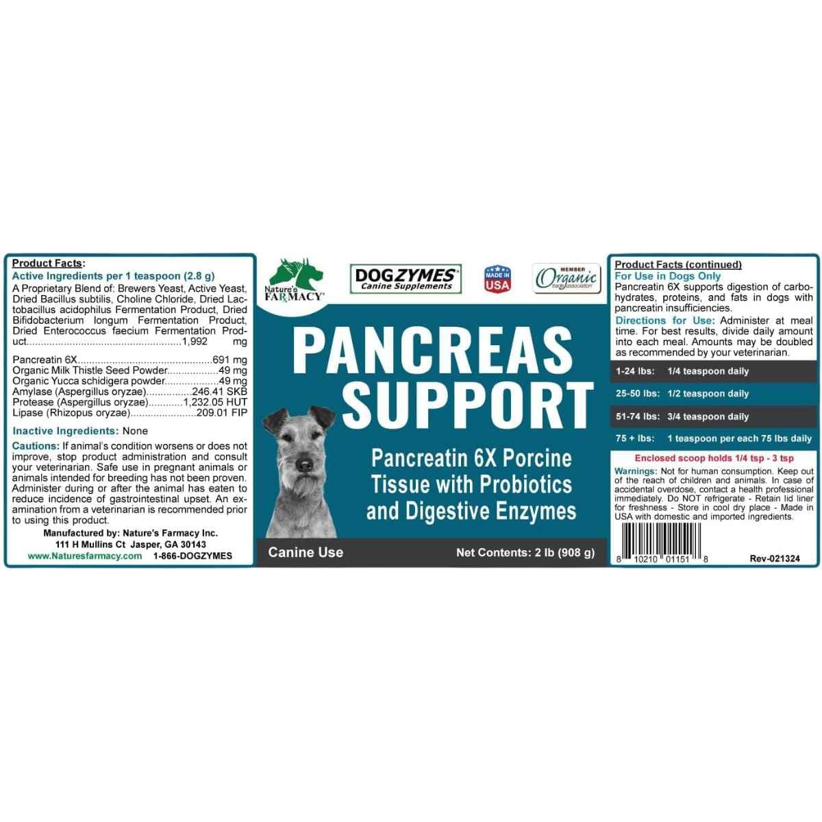 Etiqueta de Dogzymes Pancreas Support con ingredientes e instrucciones