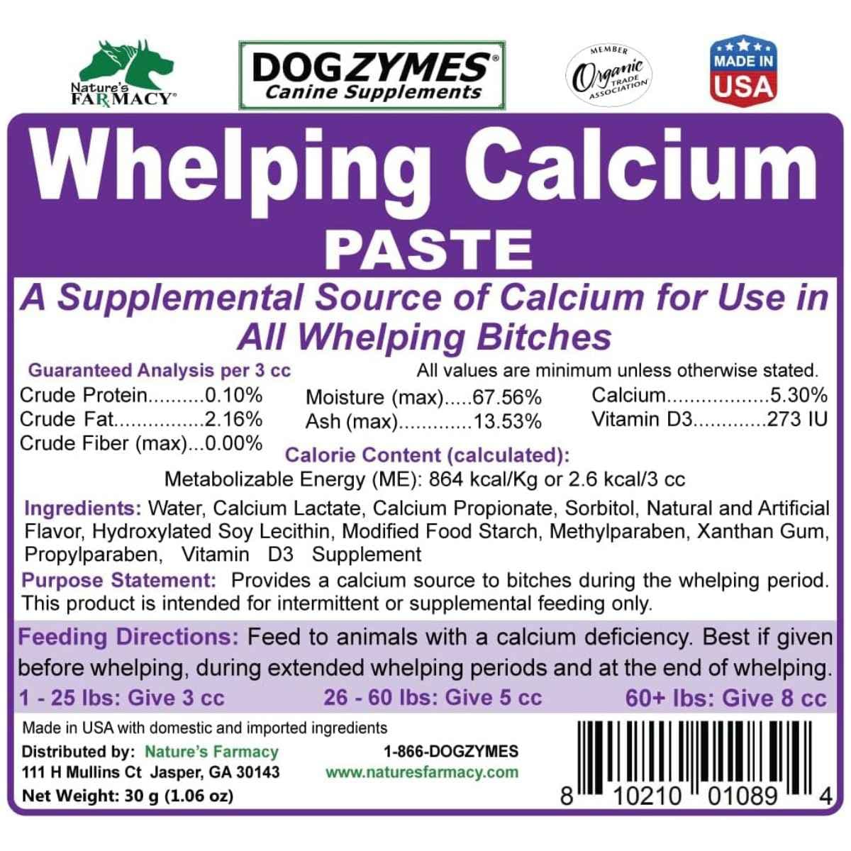 Etiqueta de Dogzymes Canine Whelping Calcium Paste de 30 g con análisis garantizado, ingredientes e instrucciones de uso