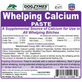 Etiqueta de Dogzymes Canine Whelping Calcium Paste de 30 g con análisis garantizado, ingredientes e instrucciones de uso