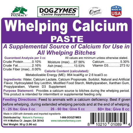 Etiqueta de Dogzymes Canine Whelping Calcium Paste de 30 g con análisis garantizado, ingredientes e instrucciones de uso