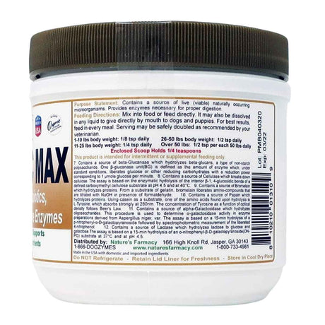 Dogzymes Probiotic Max para perros de 227 g, instrucciones de uso e información posterior