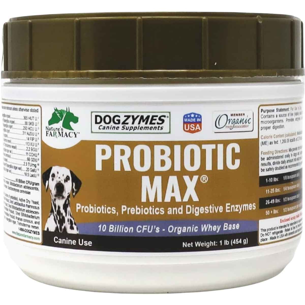Dogzymes Probiotic Max para perros, envase de 454 g, vista frontal
