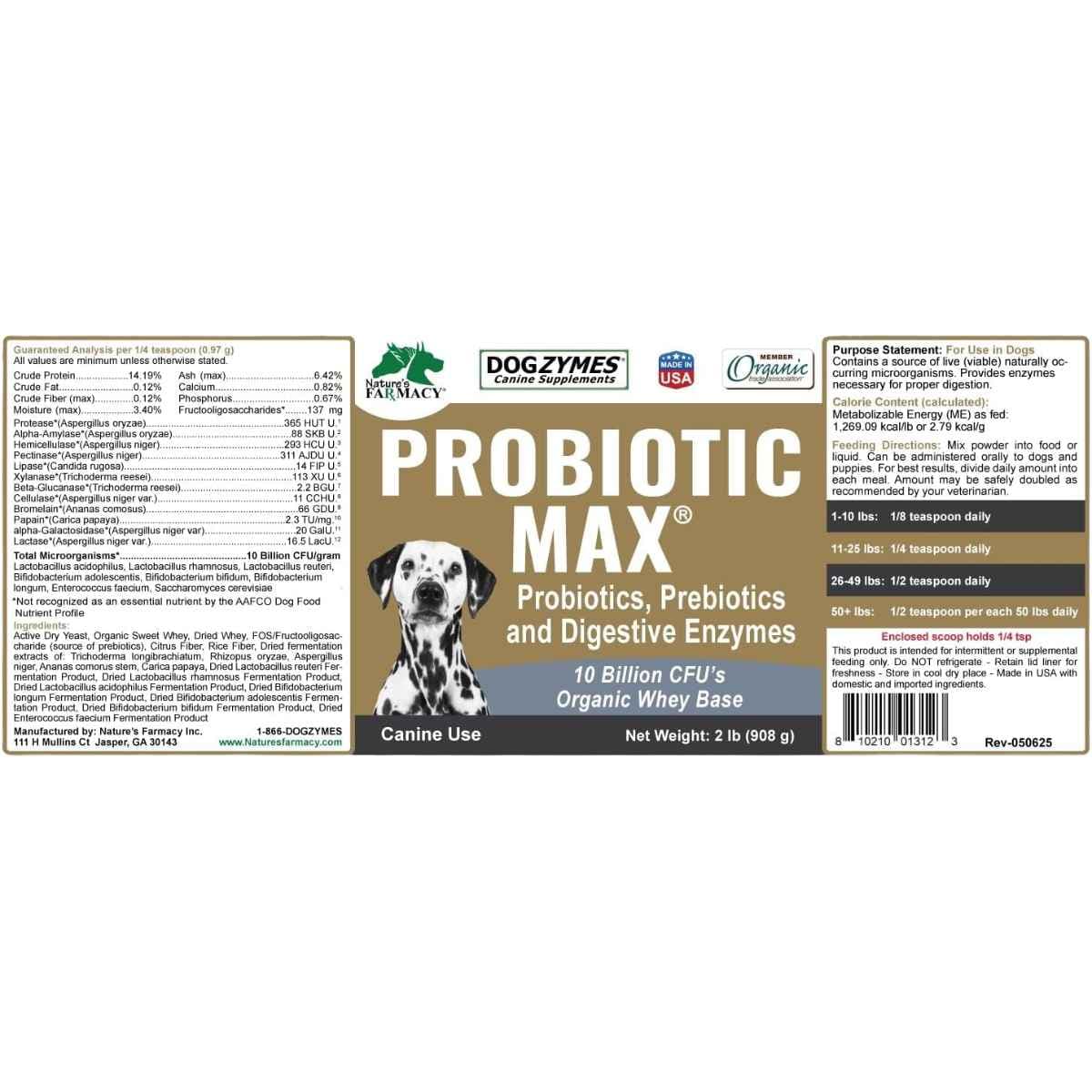 Dogzymes Probiotic Max para perros de 908 g, etiqueta completa con análisis e instrucciones
