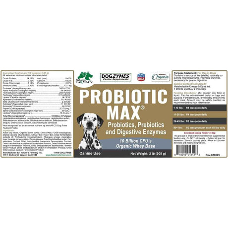 Dogzymes Probiotic Max para perros de 908 g, etiqueta completa con análisis e instrucciones