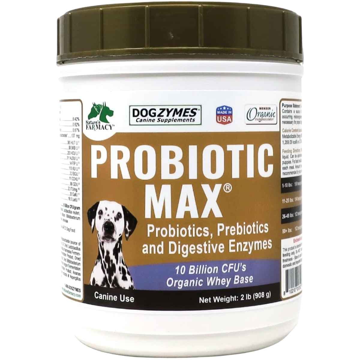 Dogzymes Probiotic Max para perros, envase de 908 g, vista frontal