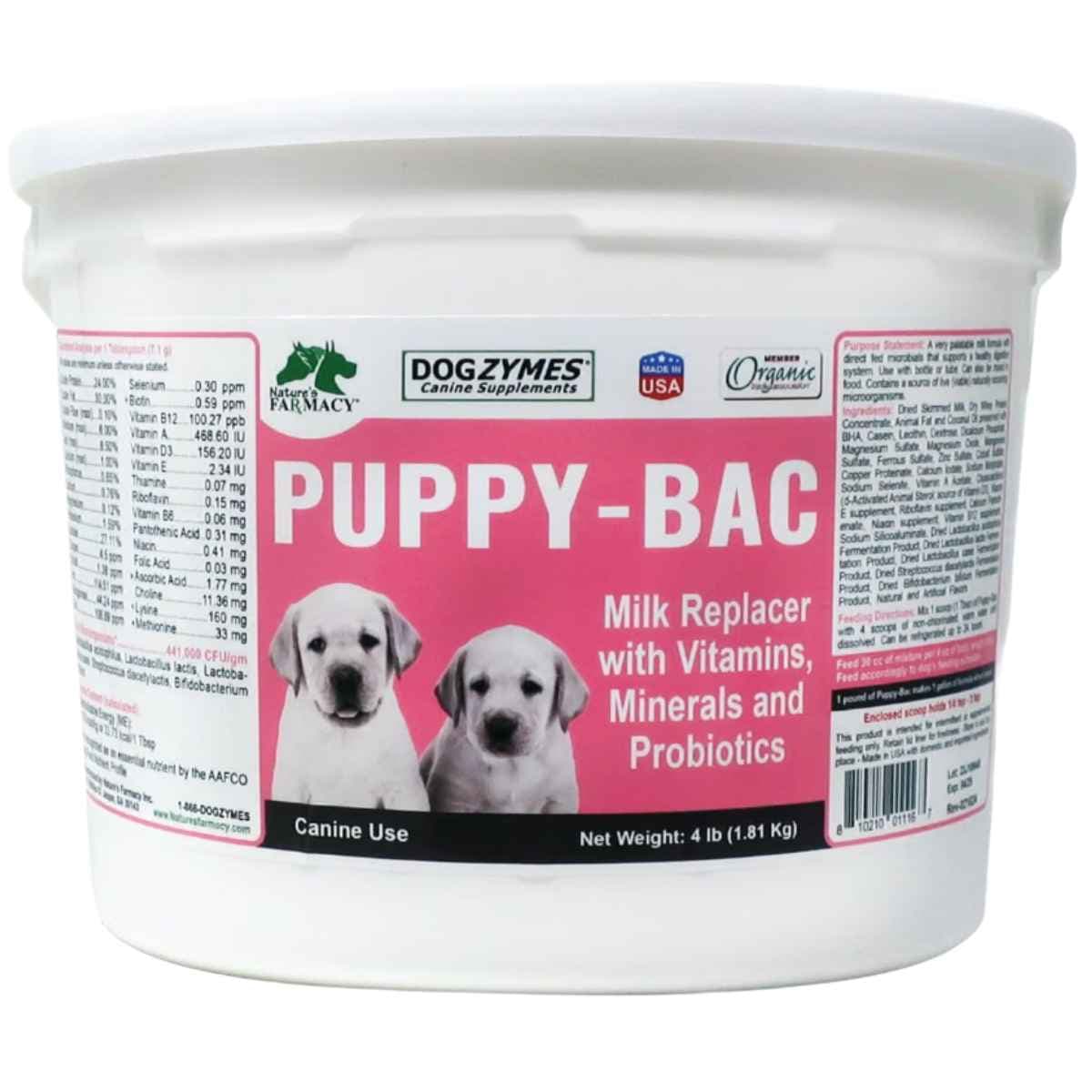 Vista frontal del envase de Dogzymes Puppy-Bac, presentación de 1,81 kg (4 lb).